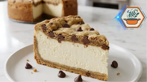 Chocolate Chip Cookie Cheesecake slice with creamy vanilla center and chocolate chip cookie layers