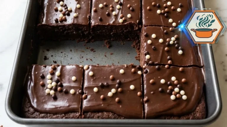 Tray of Chocolate Fudge Crunch Tray Bars topped with mixed crunchy chocolate pearls.