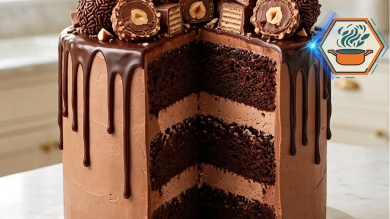 Slice cut from a chocolate hazelnut layer cake showing creamy filling