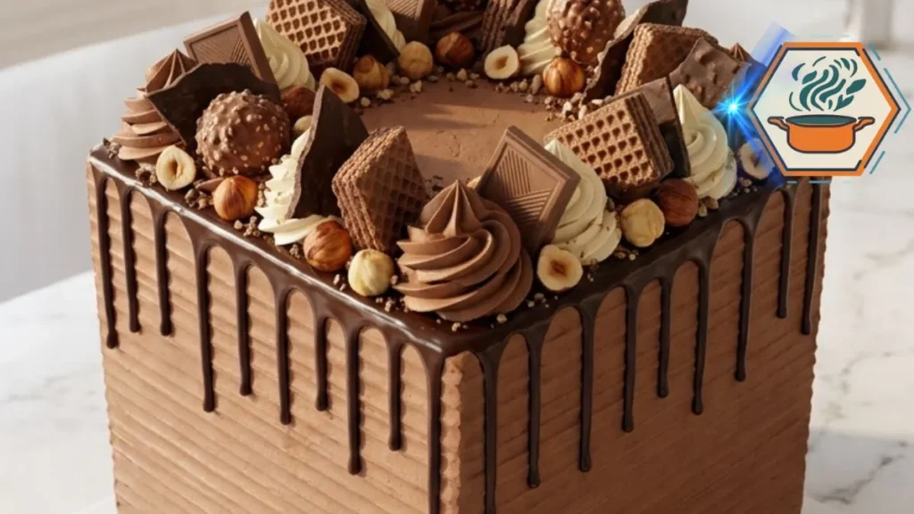 Chocolate Hazelnut Celebration Cake with ganache, toasted hazelnuts and chocolate wafers