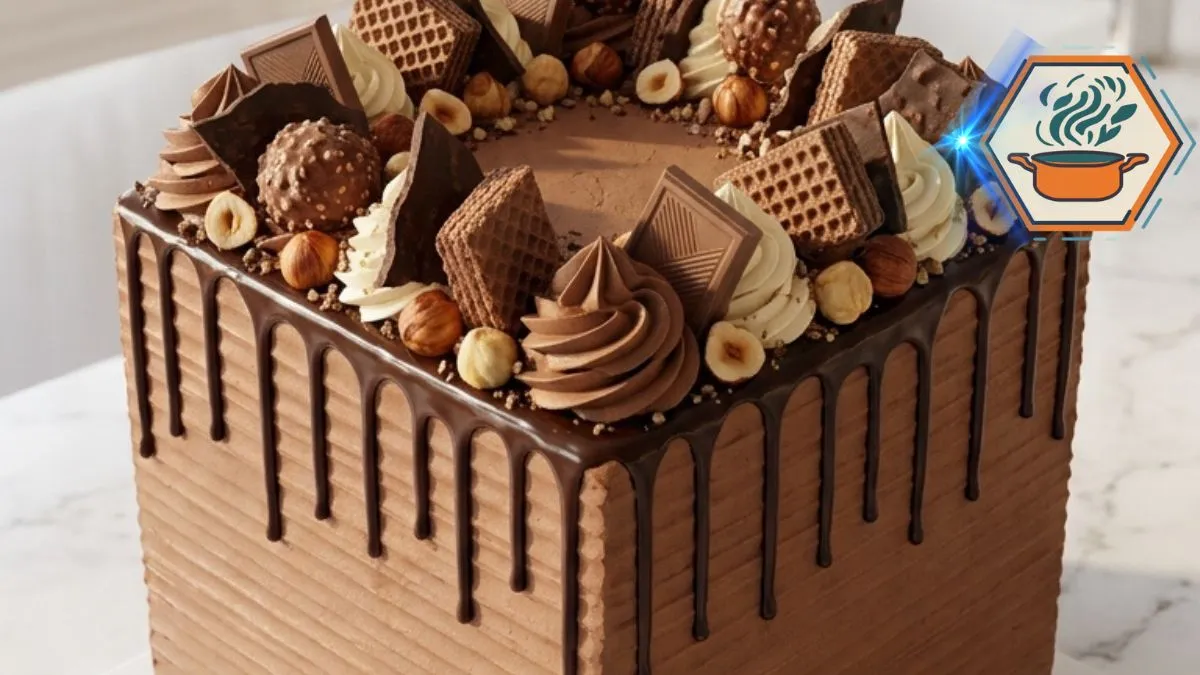 Chocolate Hazelnut Celebration Cake with ganache, toasted hazelnuts and chocolate wafers