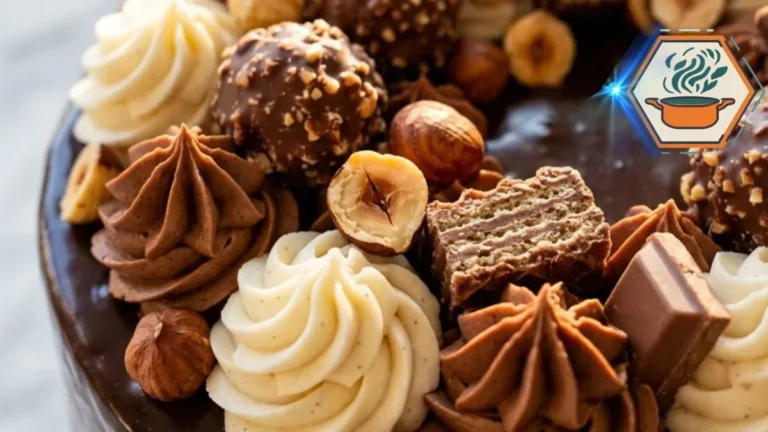 Square chocolate hazelnut layer cake with chocolate ganache and toasted hazelnuts