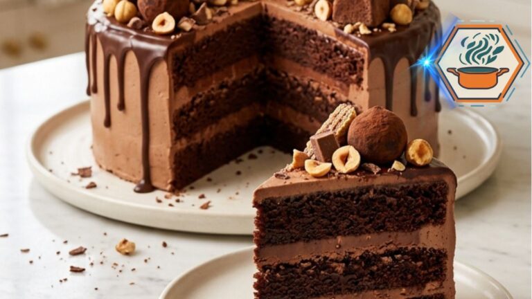 Slice of Chocolate Hazelnut Celebration Cake showing three chocolate layers