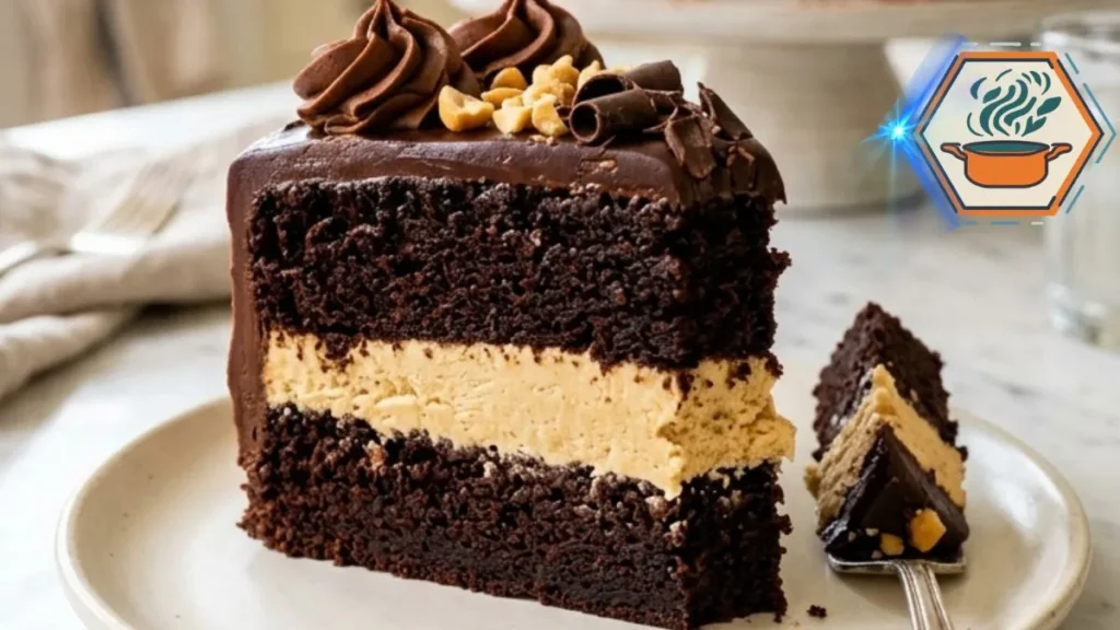 Chocolate Peanut Butter Cream Layer Cake with thick peanut butter filling, chocolate ganache, roasted peanuts, and chocolate curls.