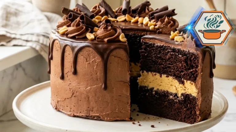 Two-layer chocolate cake with peanut butter cream filling and chocolate ganache.