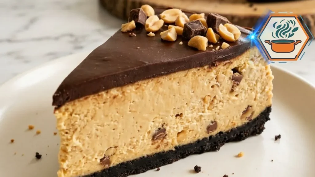 Chocolate Peanut Butter Crunch Cheesecake slice with chocolate ganache and roasted peanuts