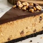 Chocolate Peanut Butter Crunch Cheesecake slice with chocolate ganache and roasted peanuts