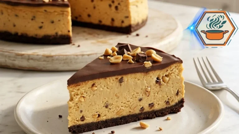 Whole Chocolate Peanut Butter Crunch Cheesecake with one slice removed