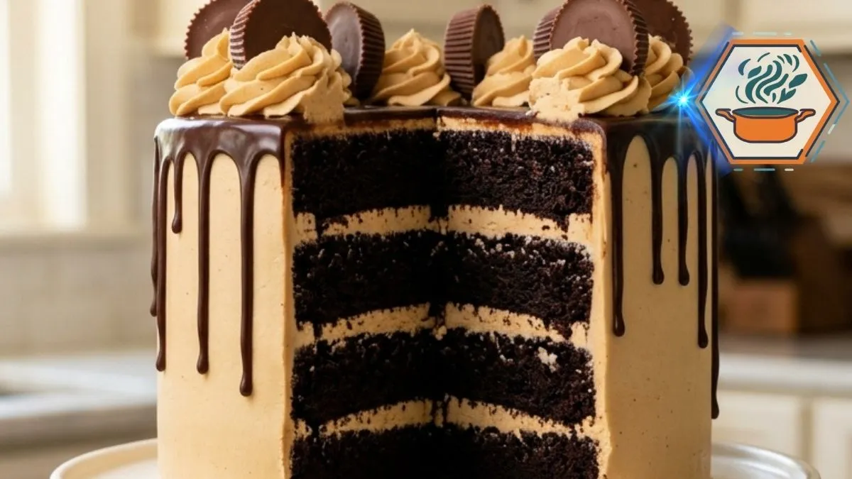 Chocolate Peanut Butter Cup Drip Cake with four chocolate layers and peanut butter frosting