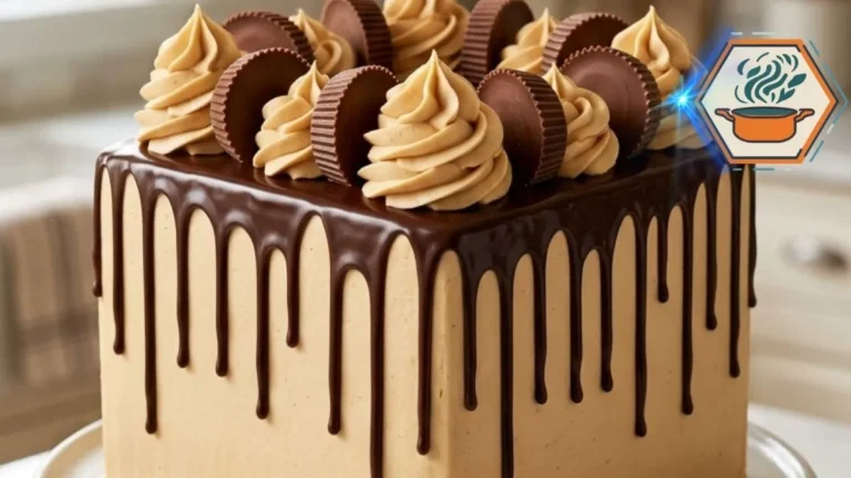 Square chocolate peanut butter cup cake with ganache drip and peanut butter frosting