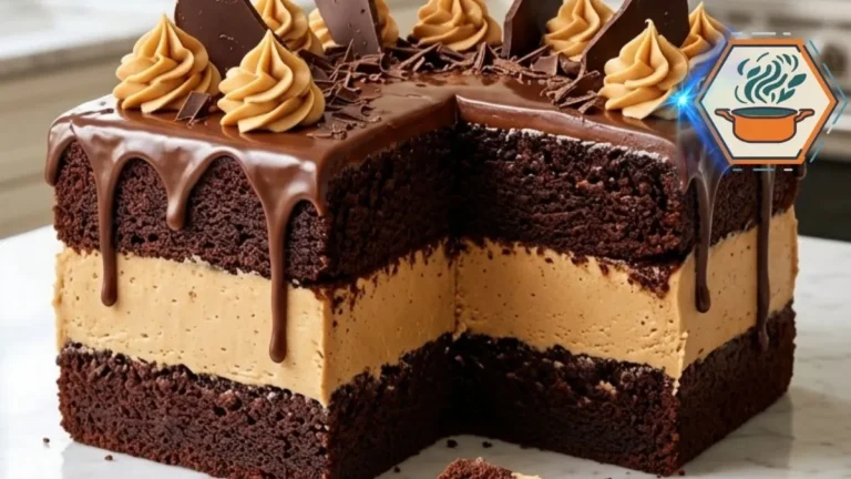 Square chocolate peanut butter fudge cake with ganache and peanut butter cream