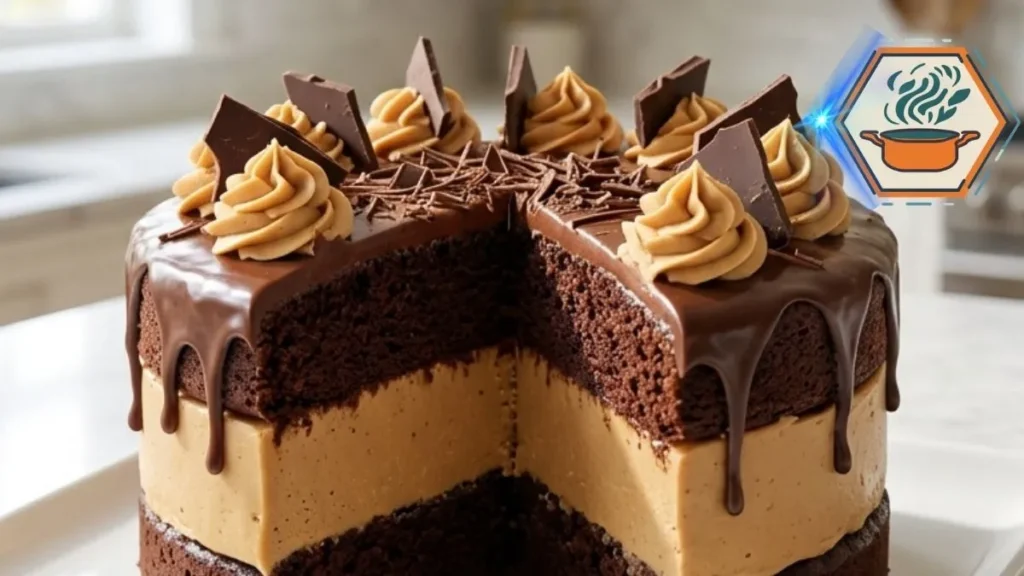 Chocolate Peanut Butter Fudge Dream Cake with thick peanut butter filling and chocolate ganache