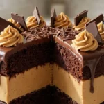 Chocolate Peanut Butter Fudge Dream Cake with thick peanut butter filling and chocolate ganache