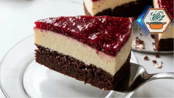 Chocolate Raspberry Cream Layer Cake 3 Slice removed from Chocolate Raspberry Cream Layer Cake showing three layers