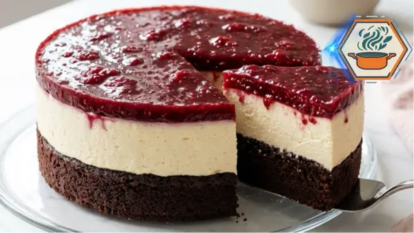 Chocolate Raspberry Cream Layer Cake with chocolate base, vanilla cream and raspberry topping