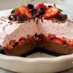 Chocolate Strawberry Cream Pie with chocolate cookie crust, fresh strawberries, chocolate cream, and pink strawberry topping.