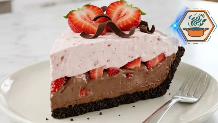 Whole no-bake Chocolate Strawberry Cream Pie topped with strawberries and chocolate curls.