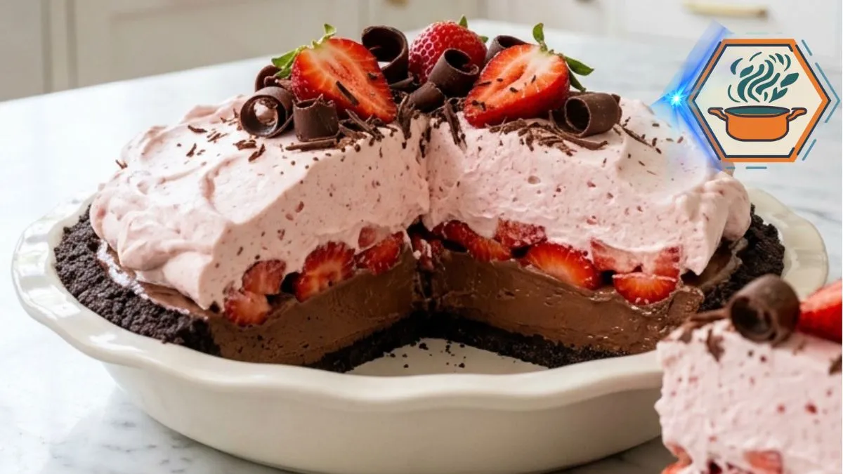 Chocolate Strawberry Cream Pie with chocolate cookie crust, fresh strawberries, chocolate cream, and pink strawberry topping.