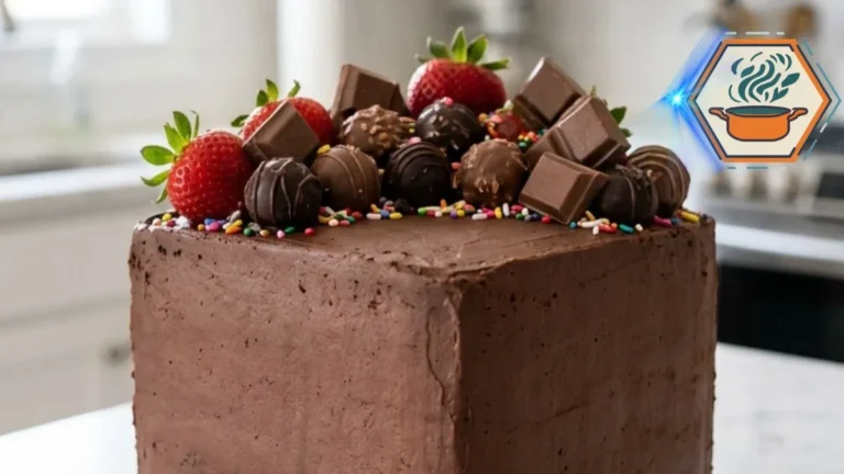 Square chocolate strawberry truffle cake with chocolate frosting and fresh strawberry topping.