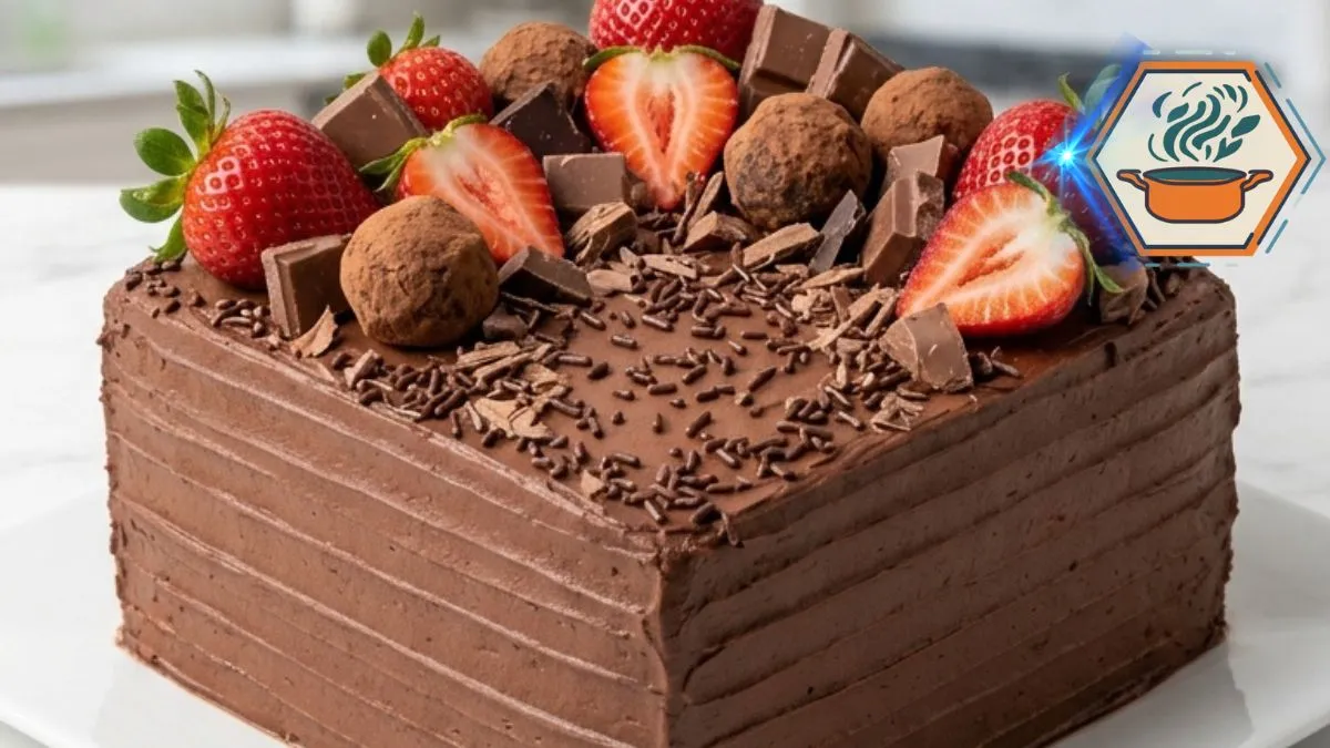 Chocolate Strawberry Truffle Cake topped with fresh strawberries, chocolate truffles and milk chocolate.