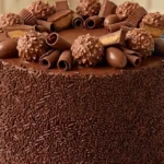 Chocolate Treasure Crunch Cake with fudge frosting, chocolate sprinkles, truffles, and chocolate curls