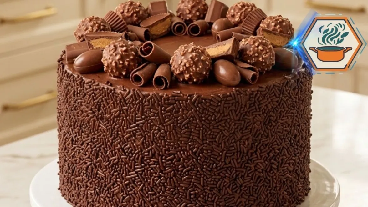 Chocolate Treasure Crunch Cake Recipe 2 Chocolate Treasure Crunch Cake with fudge frosting, chocolate sprinkles, truffles, and chocolate curls