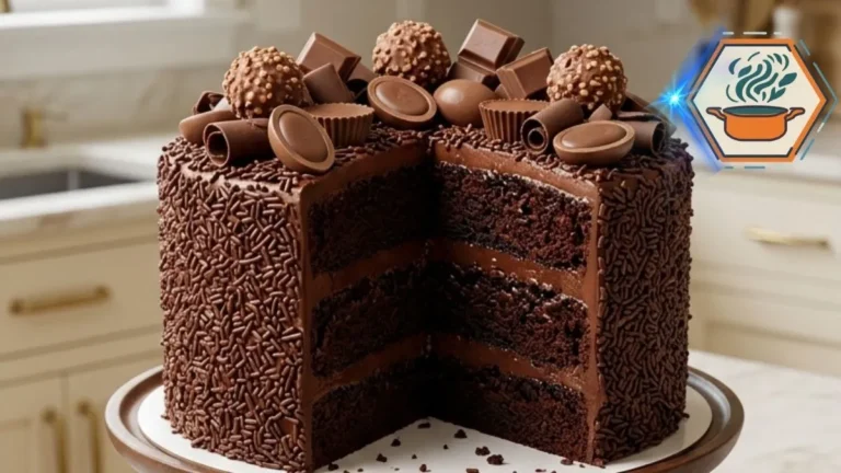 Chocolate Treasure Crunch Cake Recipe 3 Whole Chocolate Treasure Crunch Cake covered with chocolate sprinkles and assorted chocolate candies