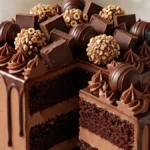 Chocolate Truffle Overload Layer Cake with ganache, hazelnut truffles, and a sliced piece