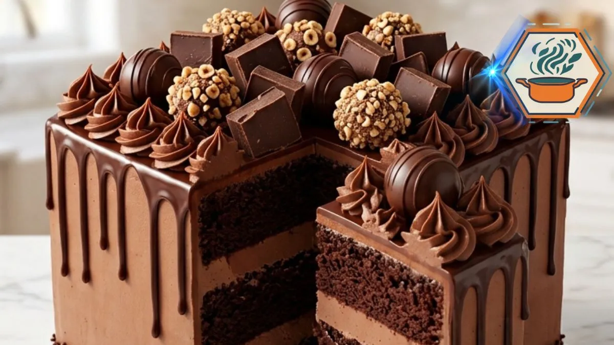Chocolate Truffle Overload Layer Cake Recipe 2 Chocolate Truffle Overload Layer Cake with ganache, hazelnut truffles, and a sliced piece