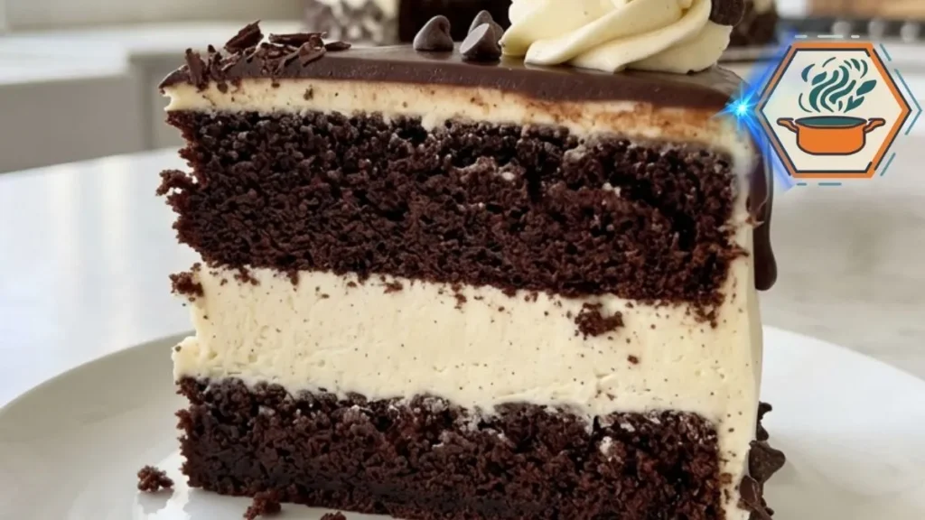Chocolate Vanilla Cream Dream Cake with vanilla cream and chocolate ganache