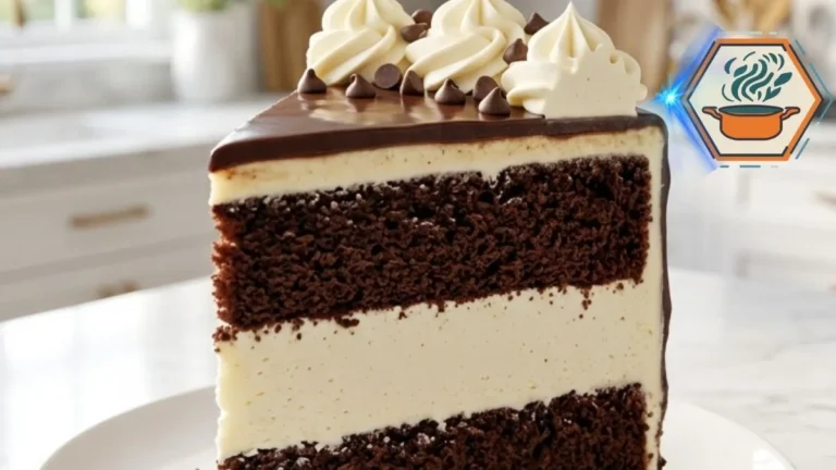 Chocolate Vanilla Cream Dream Cake 3 Slice of Chocolate Vanilla Cream Dream Cake showing thick vanilla filling