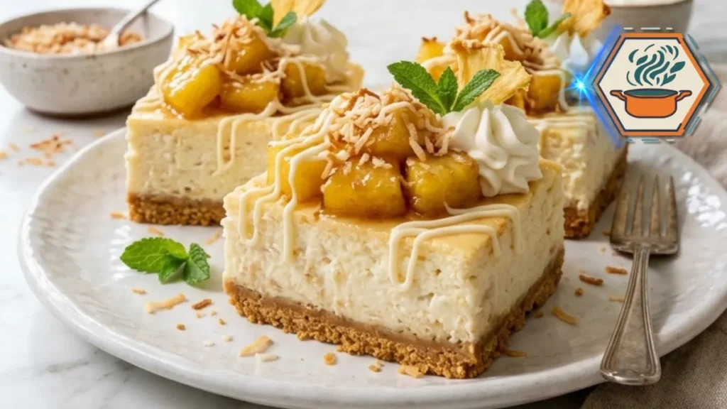 Coconut Pineapple Cheesecake Bars served on a white plate with toasted coconut, pineapple, whipped cream and white chocolate drizzle.