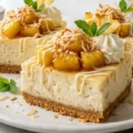 Coconut Pineapple Cheesecake Bars served on a white plate with toasted coconut, pineapple, whipped cream and white chocolate drizzle.