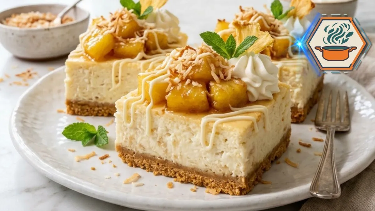 Coconut Pineapple Cheesecake Bars served on a white plate with toasted coconut, pineapple, whipped cream and white chocolate drizzle.