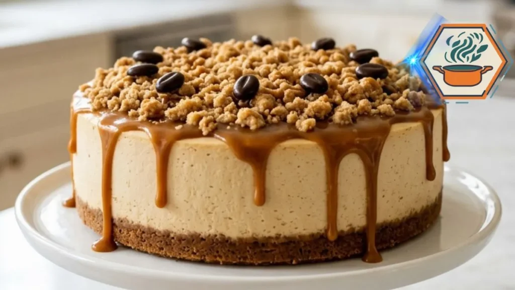Coffee Crumble Cheesecake with golden crumble and caramel-coffee sauce on white marble.
