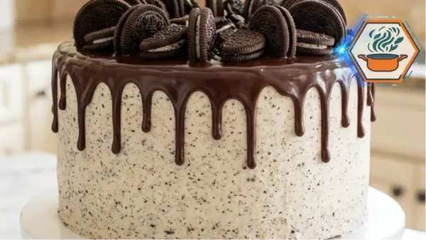 Cookies & Cream Chocolate Layer Cake with chocolate ganache and sandwich cookies