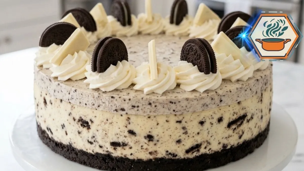 Cookies & Cream Cloud Cheesecake 2 Cookies & Cream Cloud Cheesecake with a slice removed on a white marble kitchen counter
