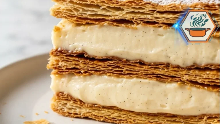 Close-up of flaky Vanilla Custard Mille-Feuille layers