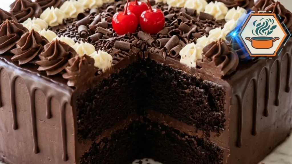 Double Chocolate Celebration Cake with ganache, cream rosettes, chocolate curls and three red cherries