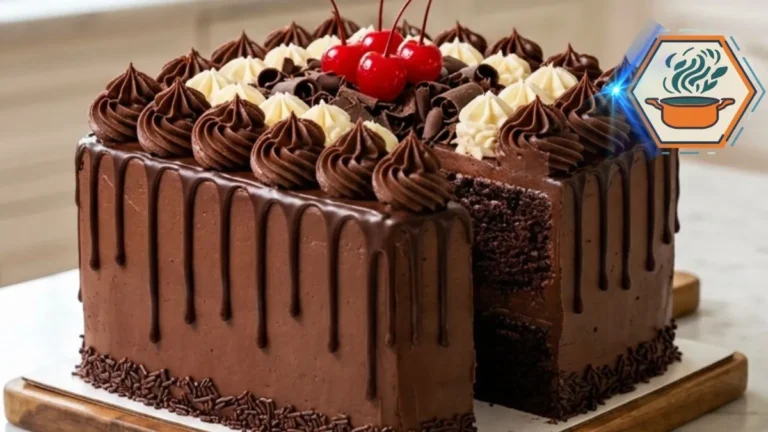 Double Chocolate Celebration Cake: A Rich Layer Cake for Special Days 3 Double Chocolate Celebration Cake decorated with chocolate and vanilla rosettes