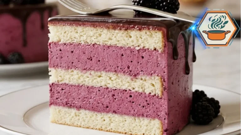 Blackberry Mousse Cake: Silky & Easy Berry Dessert 3 Slice of layered Blackberry Mousse Cake on a white plate
