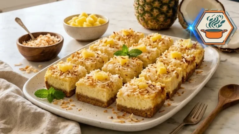 Close-up Coconut Pineapple Cheesecake Bar on white marble countertop.