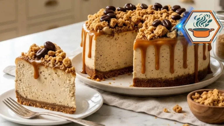 Coffee Crumble Cheesecake: Creamy, Crunchy and Coffee-Rich 3 Whole Coffee Crumble Cheesecake with graham cracker crust and caramel drizzle.