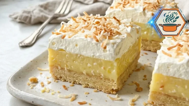 Three Lemon Coconut Cream Pie Bars topped with whipped cream and toasted coconut.