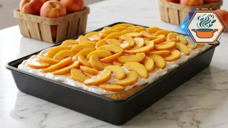 Slice of Peaches & Cream Sheet Cake with fresh peach topping