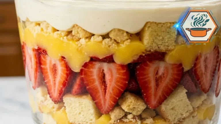 Homemade Strawberry Lemon Shortcake Trifle in a clear glass bowl