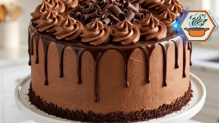 Whole Triple-Layer Chocolate Fudge Cake with ganache drip