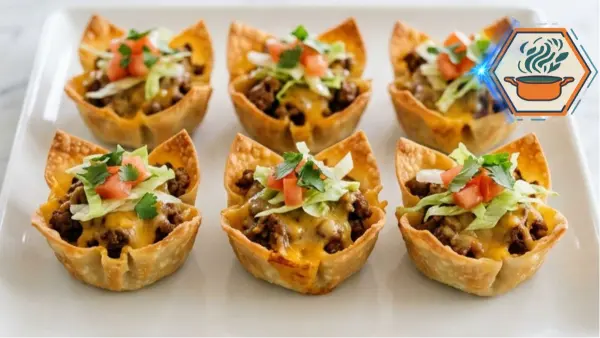 Six crispy Two-Ingredient Taco Cups on a white plate