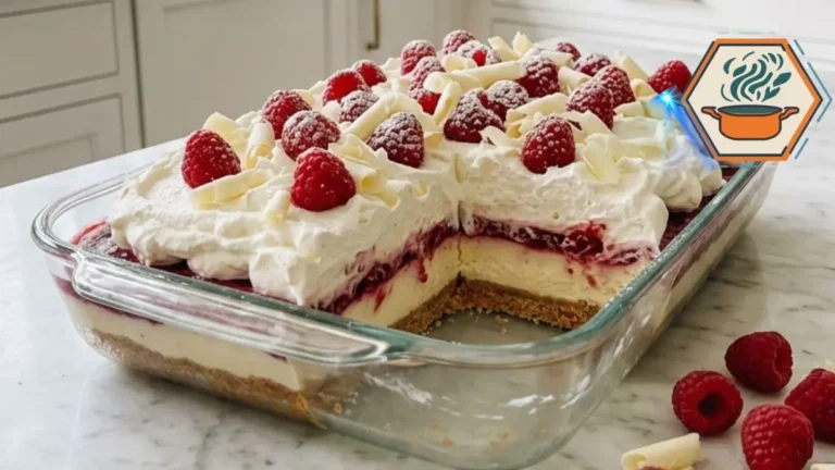 White Chocolate Raspberry Cheesecake Lush Recipe 3 Whole White Chocolate Raspberry Cheesecake Lush in a baking dish.