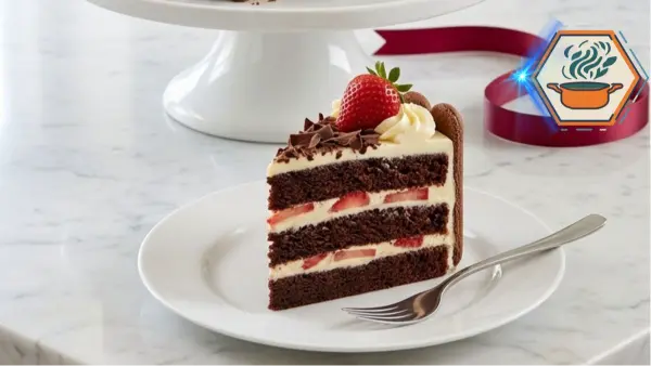 Finished Strawberry Chocolate Gift Cake on a white cake stand